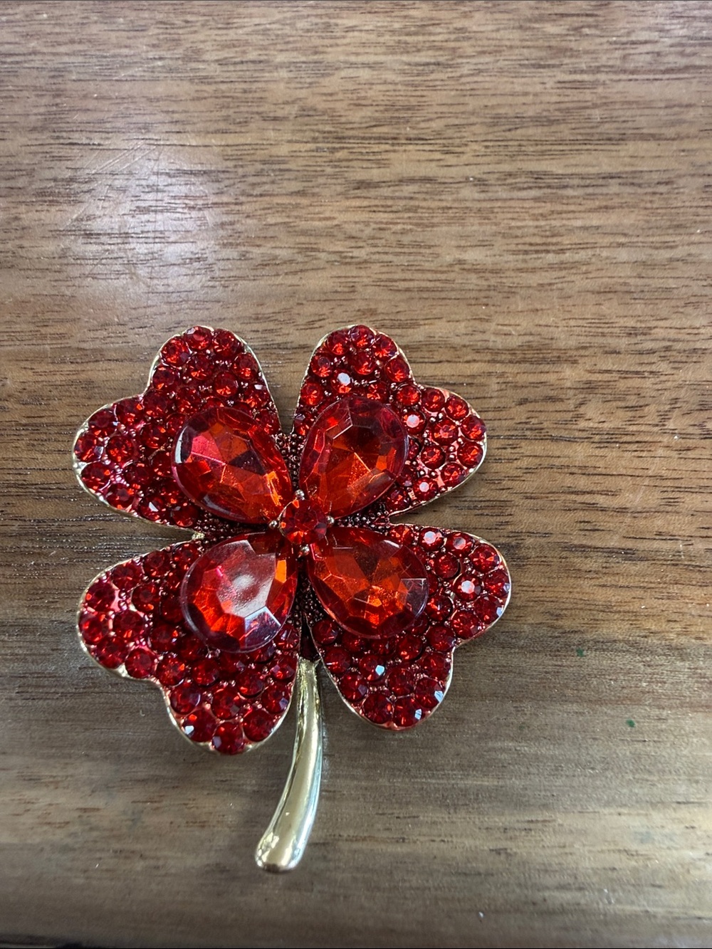 Red Crystal Four-Leaf Clover Brooch by